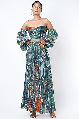 Cobalt Blue Chiffon Micro Pleated Ikat Printed Maxi Skirt by Saaksha & Kinni