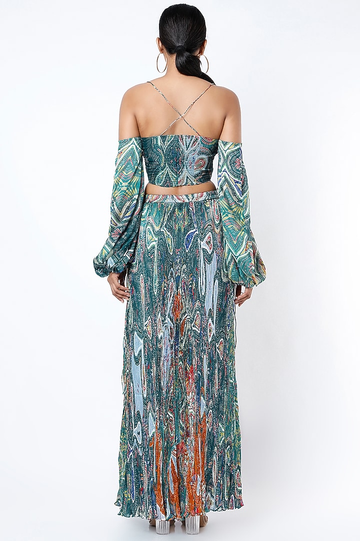 Cobalt Blue Chiffon Micro Pleated Ikat Printed Maxi Skirt by Saaksha & Kinni at Pernia's Pop Up Shop