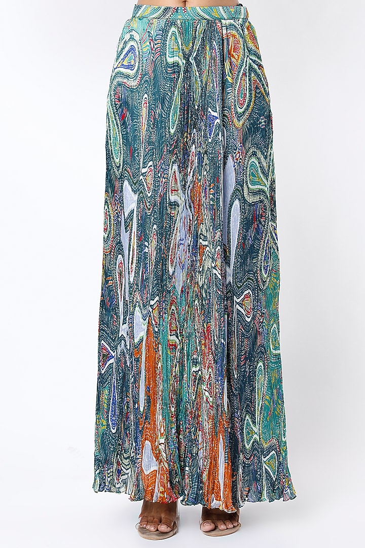 Cobalt Blue Chiffon Micro Pleated Ikat Printed Maxi Skirt by Saaksha & Kinni at Pernia's Pop Up Shop
