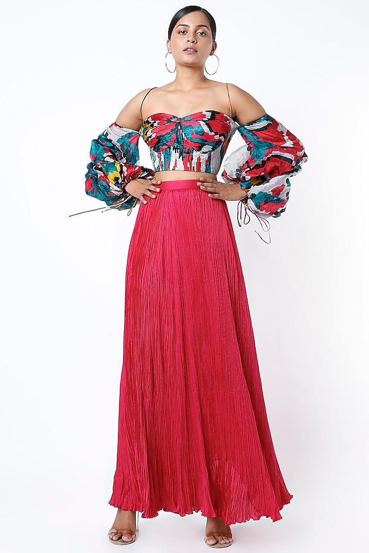 Fuchsia Printed Micro Pleated Skirt by Saaksha & Kinni