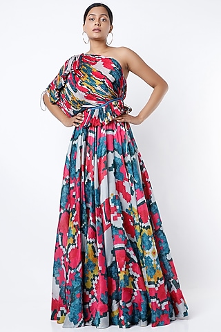 Fuchsia & Blue Ikat Printed One Shoulder Blouse by Saaksha & Kinni