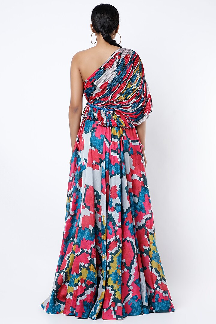 Fuchsia & Blue Ikat Printed One Shoulder Blouse by Saaksha & Kinni at Pernia's Pop Up Shop