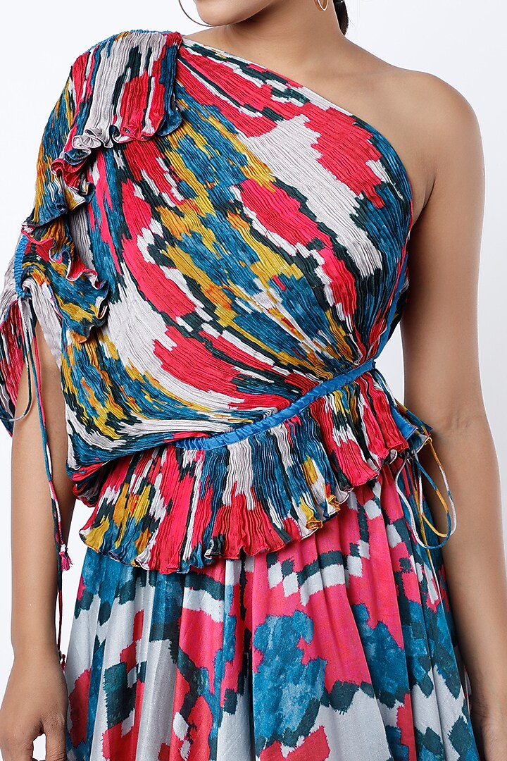 Fuchsia & Blue Ikat Printed One Shoulder Blouse by Saaksha & Kinni at Pernia's Pop Up Shop
