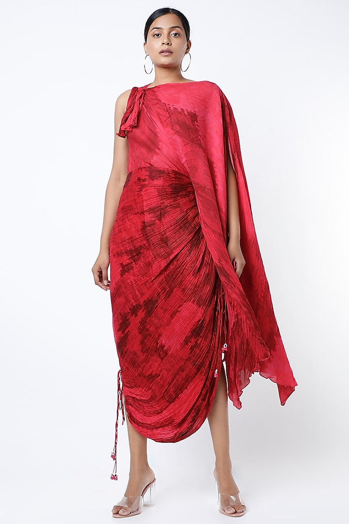 Red Printed Kaftan Saree Dress by Saaksha & Kinni at Pernia's Pop Up Shop