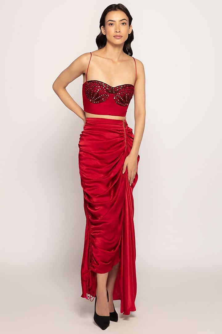 Red Silk Draped Asymmetric Skirt Set by Saaksha & Kinni