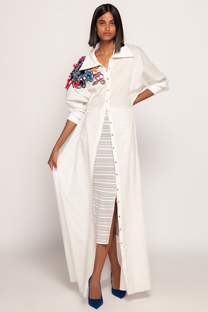 White Cotton Silk Skirt Set by Saaksha & Kinni