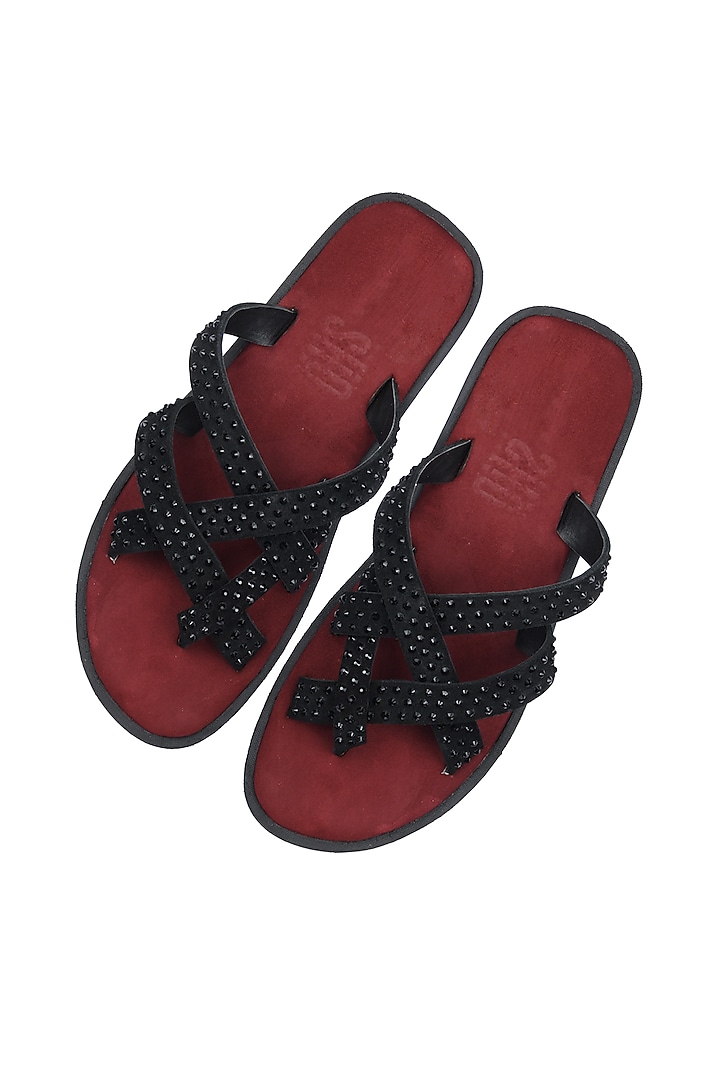 Red Leather Crystal Sandals by SKO Men at Pernia's Pop Up Shop