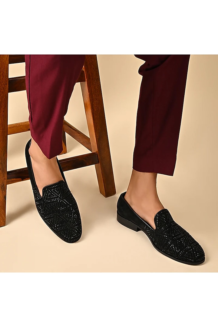 Black Genuine Leather Crystal Studded Loafers by SKO Men at Pernia's Pop Up Shop