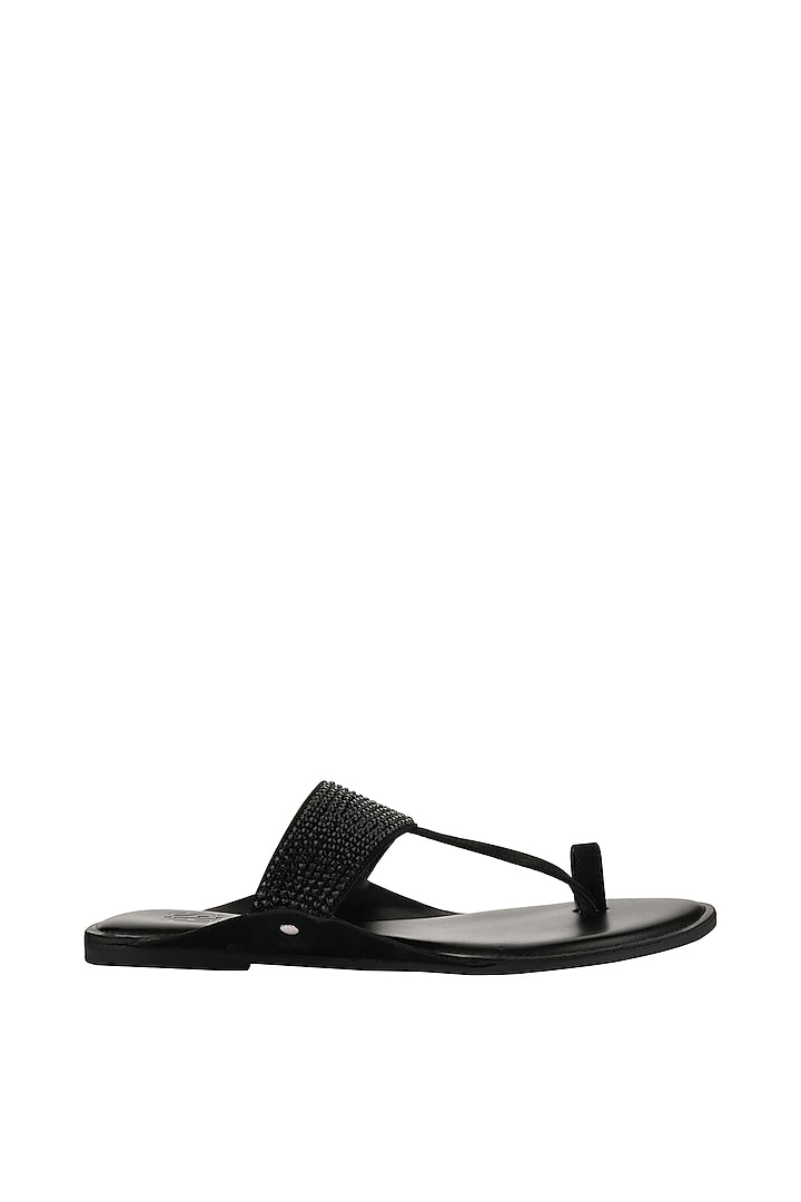 Black Leather Embellished Kolhapuris by SKO Men at Pernia's Pop Up Shop