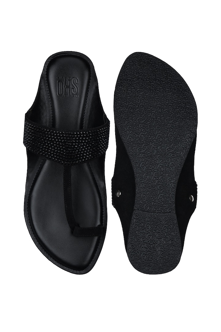 Black Leather Embellished Kolhapuris by SKO Men at Pernia's Pop Up Shop