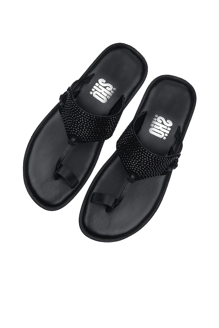 Black Leather Embellished Sandals by SKO Men