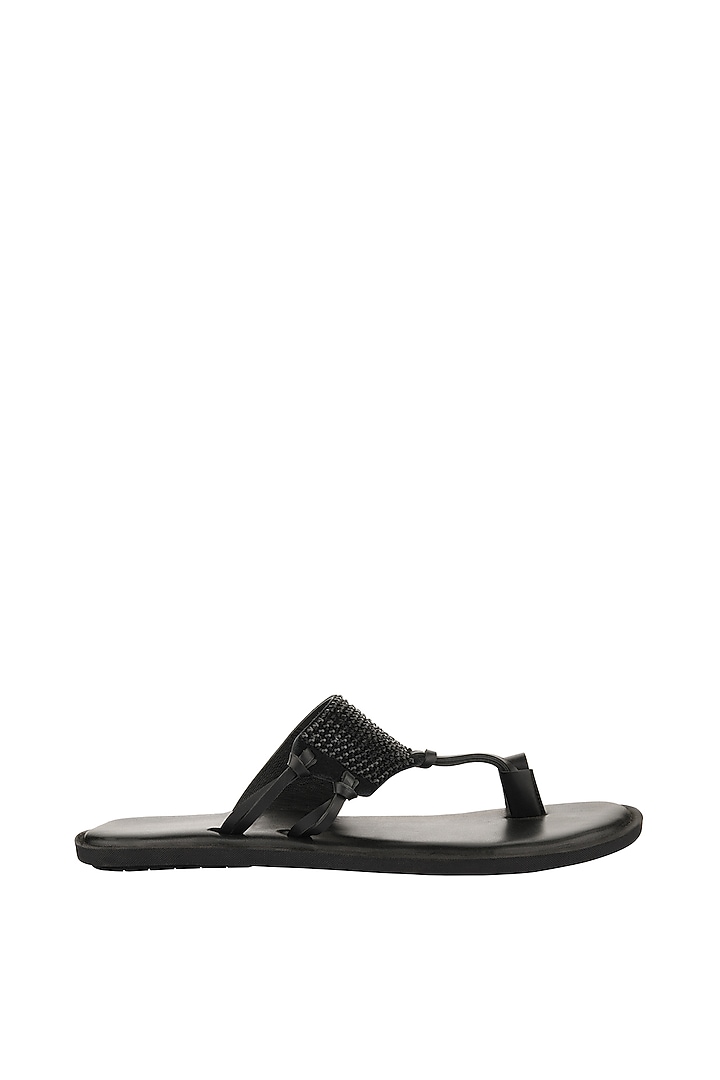 Black Leather Embellished Sandals by SKO Men at Pernia's Pop Up Shop