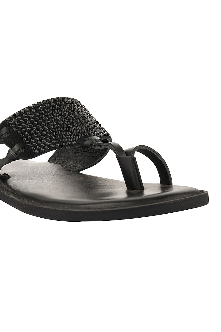 Black Leather Embellished Sandals by SKO Men at Pernia's Pop Up Shop
