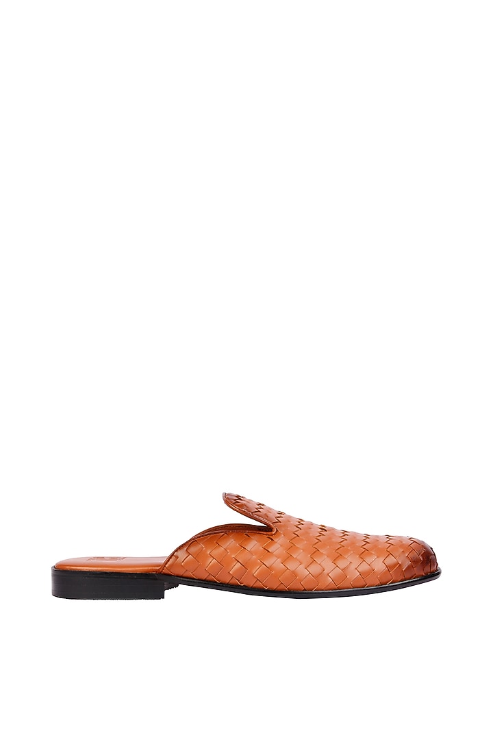 Tan Vegan Leather Hand Woven Mules by SKO Men at Pernia's Pop Up Shop