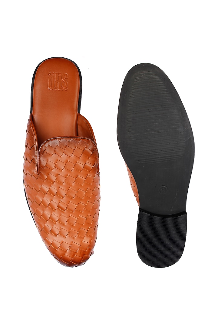 Tan Vegan Leather Hand Woven Mules by SKO Men at Pernia's Pop Up Shop