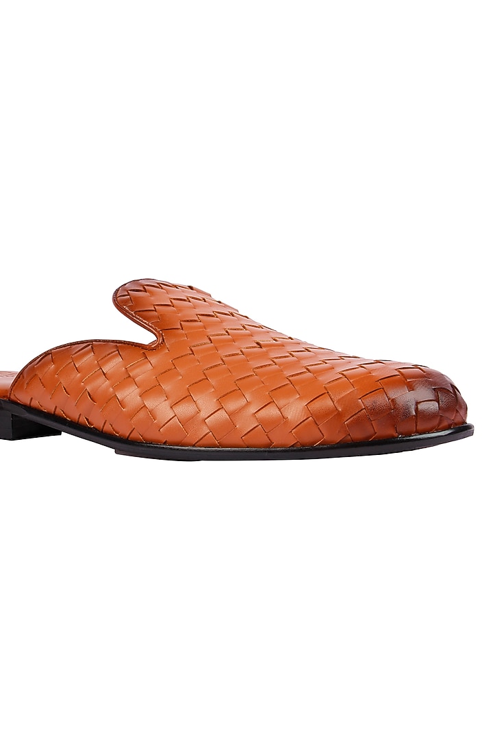 Tan Vegan Leather Hand Woven Mules by SKO Men at Pernia's Pop Up Shop