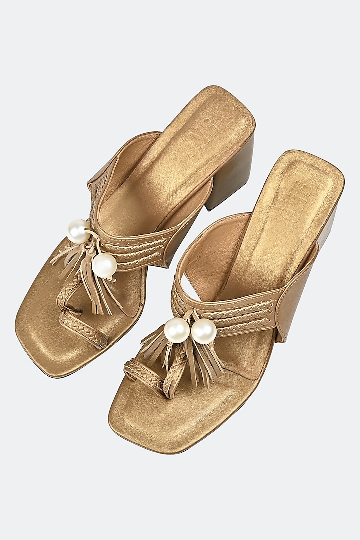 Light Gold Nappa Leather Pearl Embellished Kolhapuri Heels by SKO at Pernia's Pop Up Shop