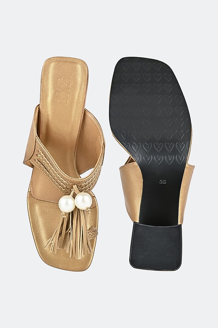 Light Gold Nappa Leather Pearl Embellished Kolhapuri Heels by SKO at Pernia's Pop Up Shop