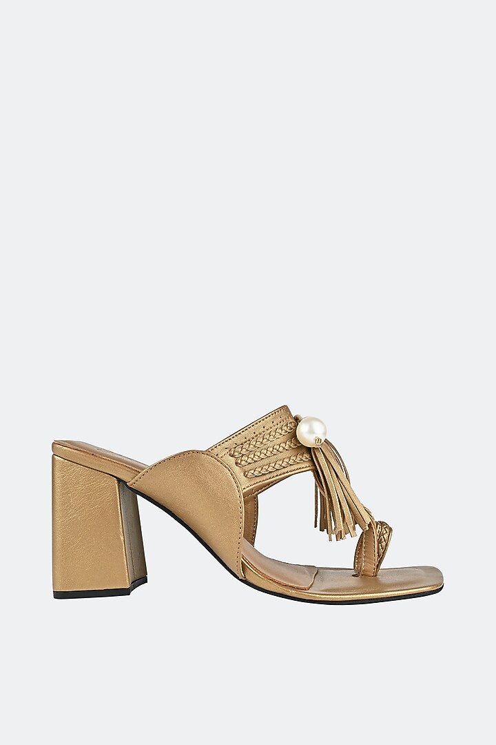 Light Gold Nappa Leather Pearl Embellished Kolhapuri Heels by SKO at Pernia's Pop Up Shop