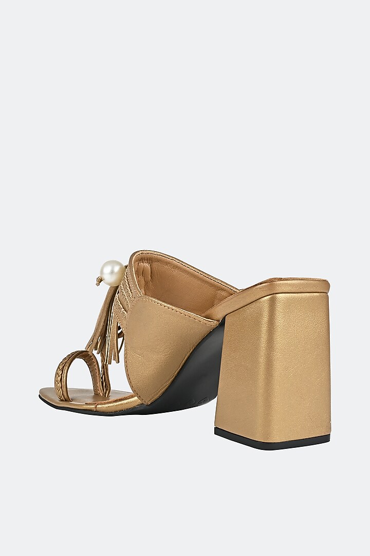 Light Gold Nappa Leather Pearl Embellished Kolhapuri Heels by SKO at Pernia's Pop Up Shop