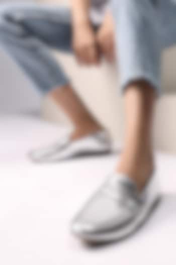 Silver Soft Leather Handmade Penny Loafers by SKO at Pernia's Pop Up Shop