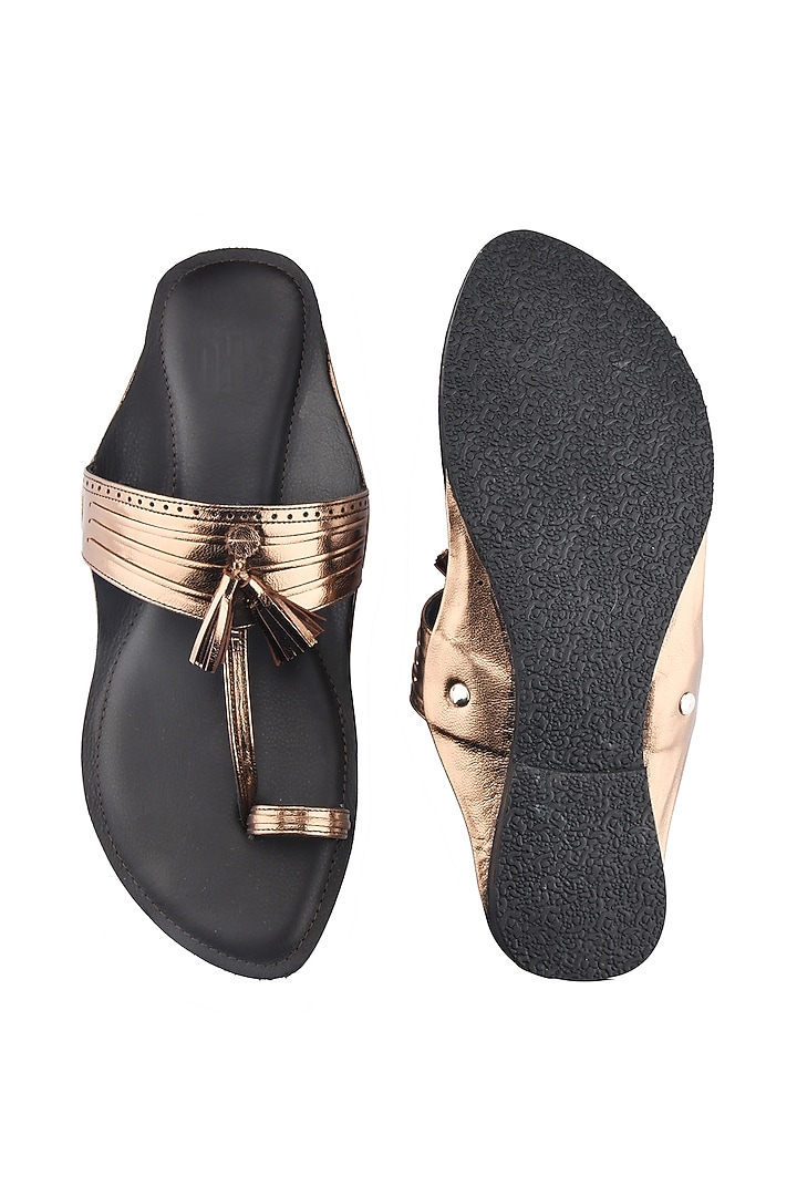Metallic Bronze Leather Handmade Kolhapuri Flats by SKO at Pernia's Pop Up Shop