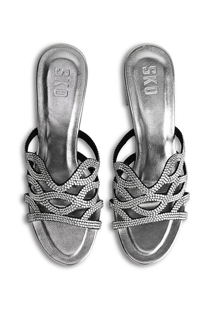 Silver Sole Sheet Crystal Work Block Heels by SKO at Pernia's Pop Up Shop