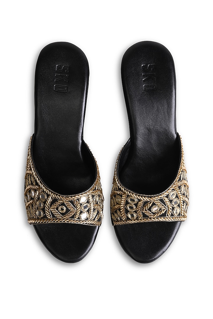 Black Sole Sheet Mirror Embroidered Wedges by SKO at Pernia's Pop Up Shop