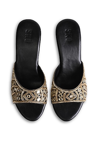 Black Sole Sheet Mirror Embroidered Wedges by SKO