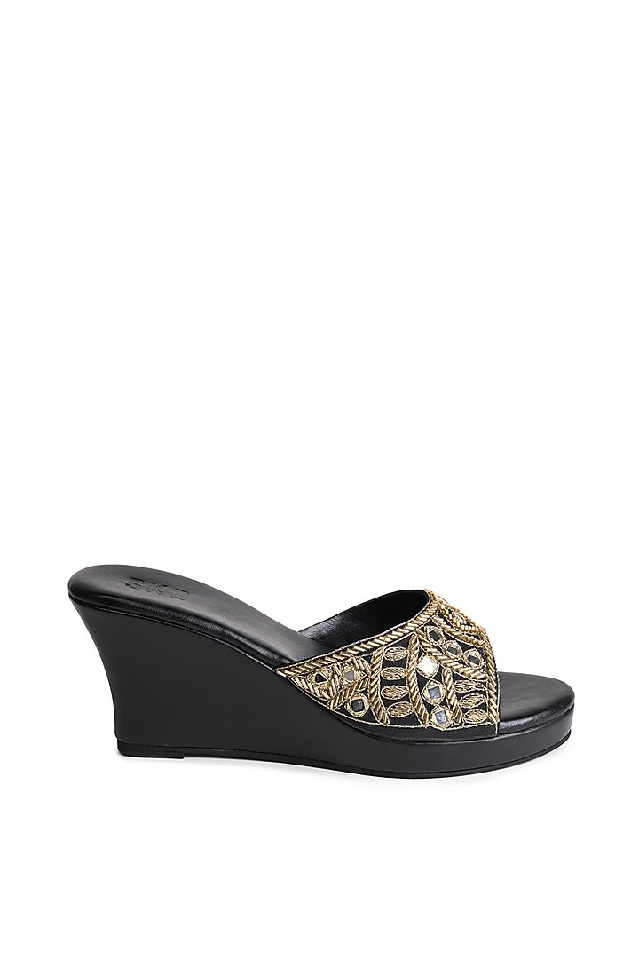 Black Sole Sheet Mirror Embroidered Wedges by SKO at Pernia's Pop Up Shop