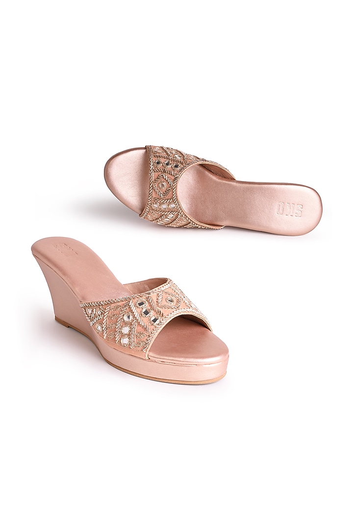 Rose Gold Sole Sheet Mirror Embroidered Wedges by SKO at Pernia's Pop Up Shop