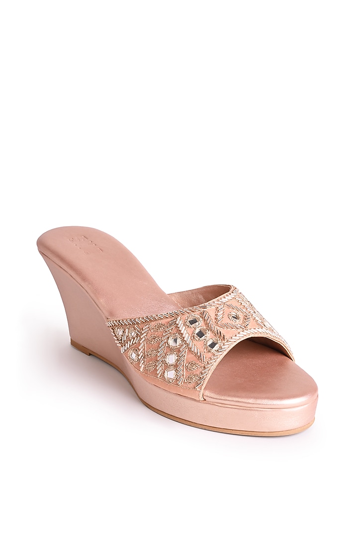 Rose Gold Sole Sheet Mirror Embroidered Wedges by SKO at Pernia's Pop Up Shop