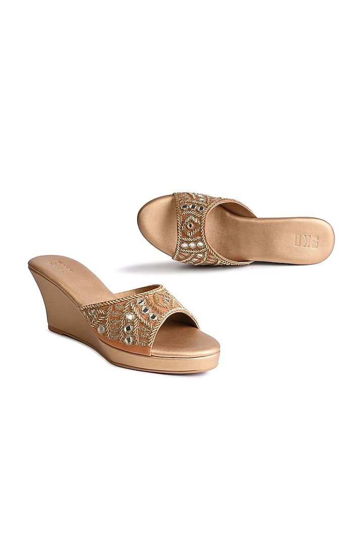 Gold Sole Sheet Mirror Embroidered Wedges by SKO at Pernia's Pop Up Shop