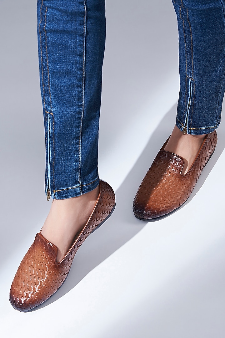 Tan Handwoven Leather Handmade Loafers by SKO at Pernia's Pop Up Shop