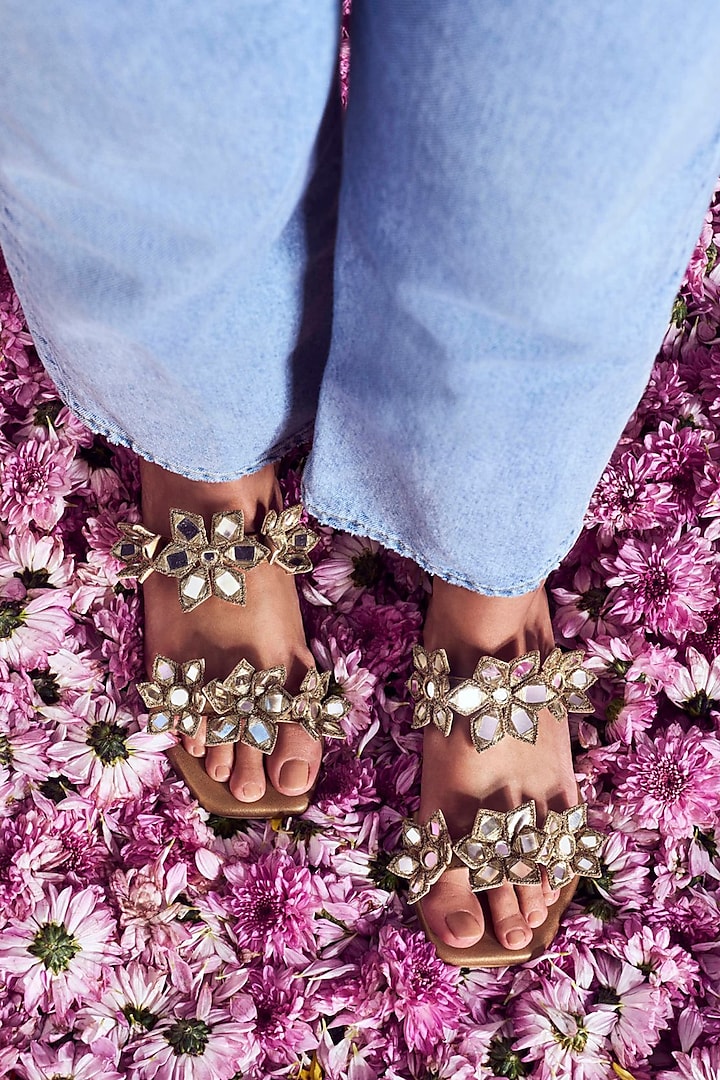 Gold Vegan Leather Floral Hand Embroidered Flats by SKO