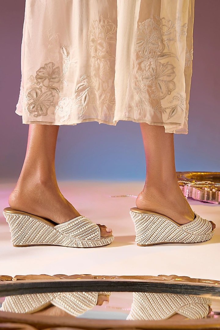 Beige Leather Pearl Hand Embroidered Heels by SKO