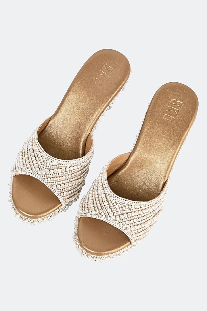 Beige Leather Pearl Hand Embroidered Heels by SKO at Pernia's Pop Up Shop