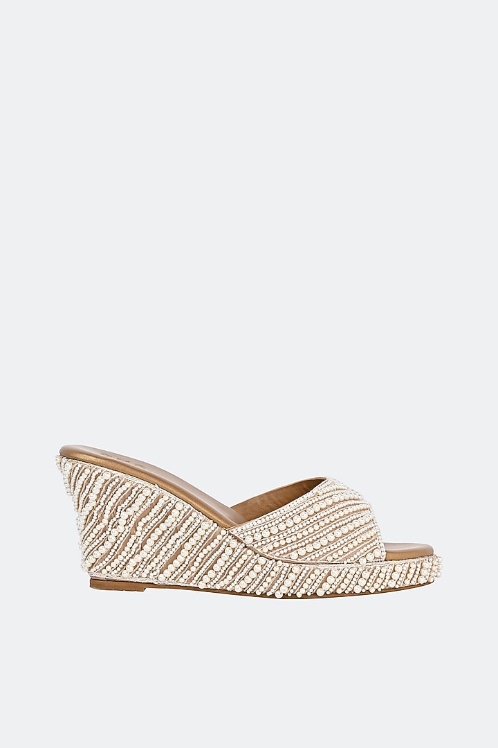 Beige Leather Pearl Hand Embroidered Heels by SKO at Pernia's Pop Up Shop