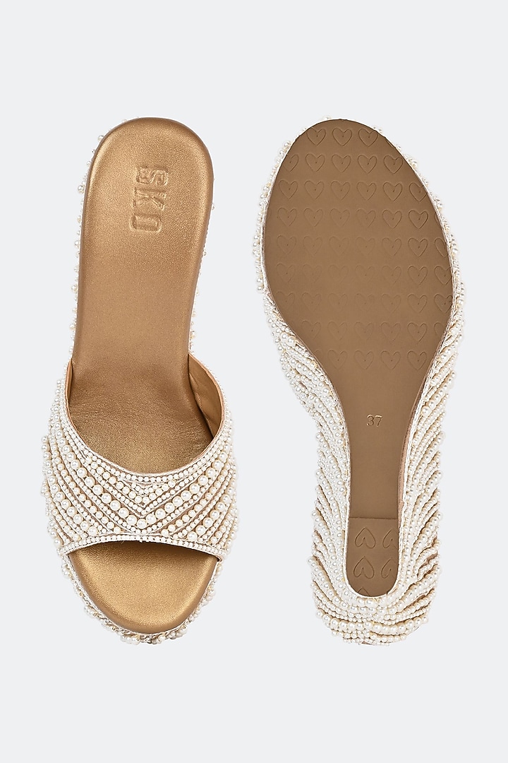 Beige Leather Pearl Hand Embroidered Heels by SKO at Pernia's Pop Up Shop