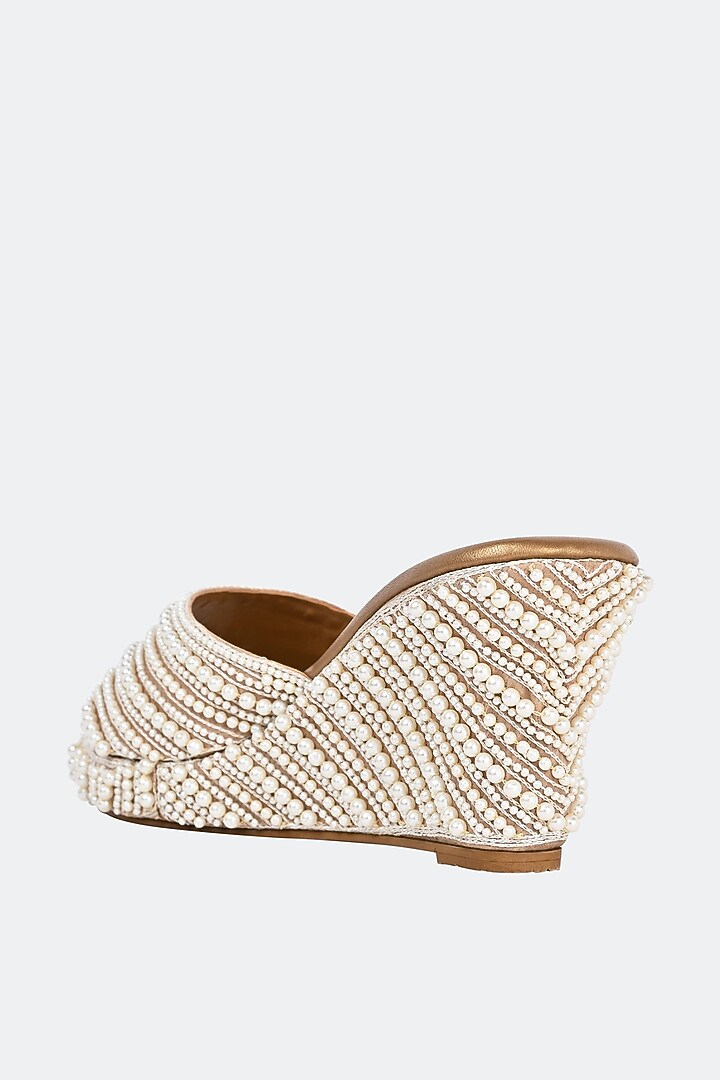 Beige Leather Pearl Hand Embroidered Heels by SKO at Pernia's Pop Up Shop