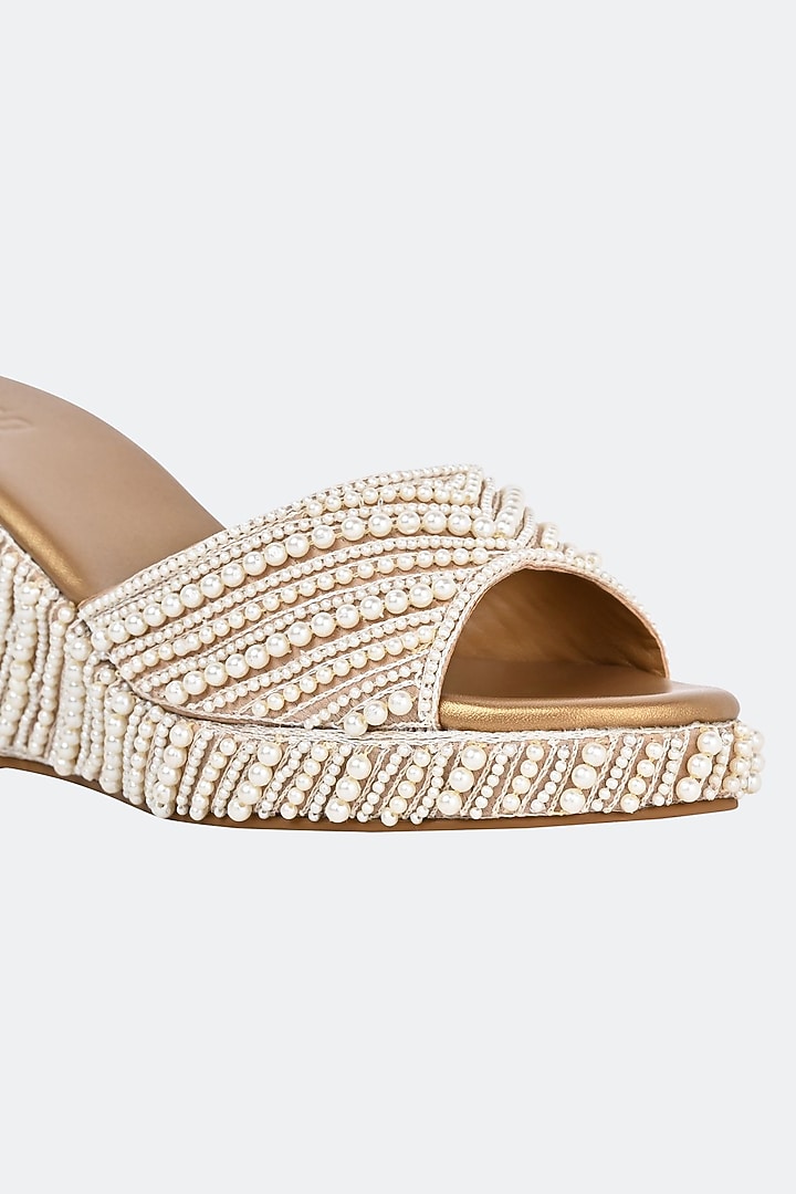 Beige Leather Pearl Hand Embroidered Heels by SKO at Pernia's Pop Up Shop
