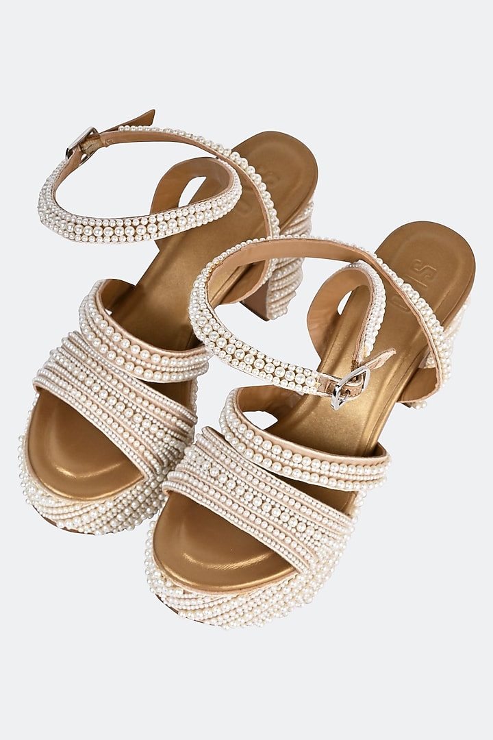 Beige Leather Pearl Work Heels by SKO at Pernia's Pop Up Shop