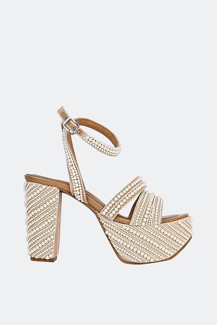 Beige Leather Pearl Work Heels by SKO at Pernia's Pop Up Shop