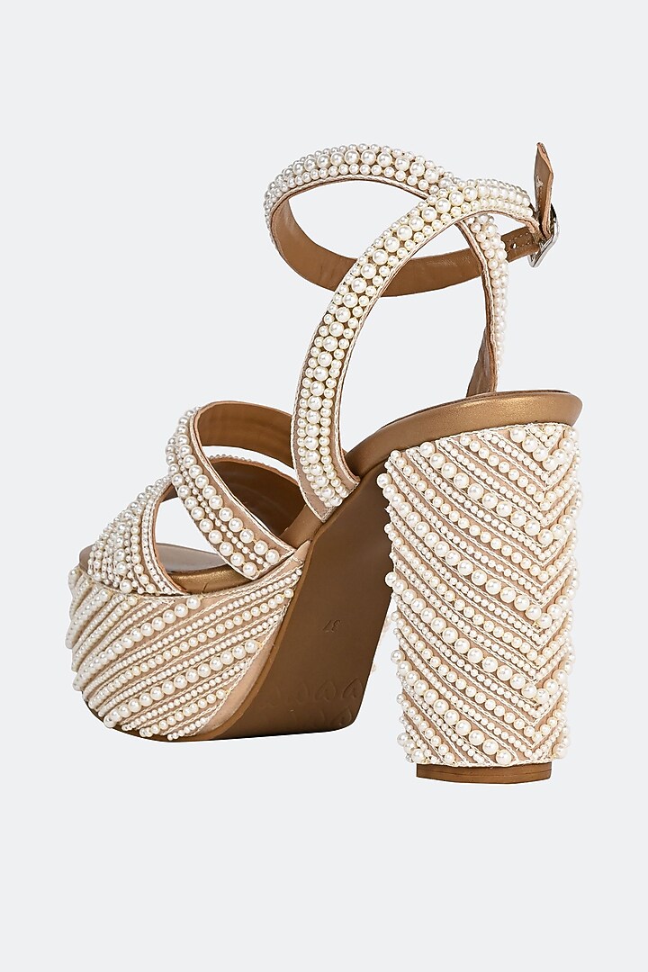 Beige Leather Pearl Work Heels by SKO at Pernia's Pop Up Shop