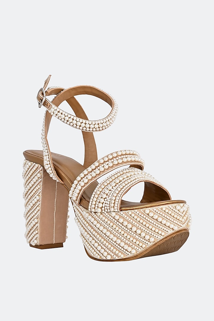 Beige Leather Pearl Work Heels by SKO at Pernia's Pop Up Shop