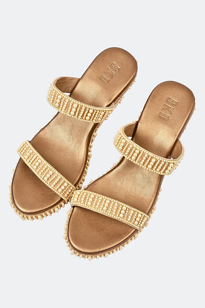 Beige Leather Pearl Hand Embroidered Heels by SKO at Pernia's Pop Up Shop