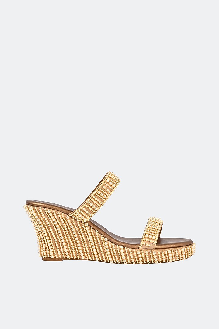 Beige Leather Pearl Hand Embroidered Heels by SKO at Pernia's Pop Up Shop