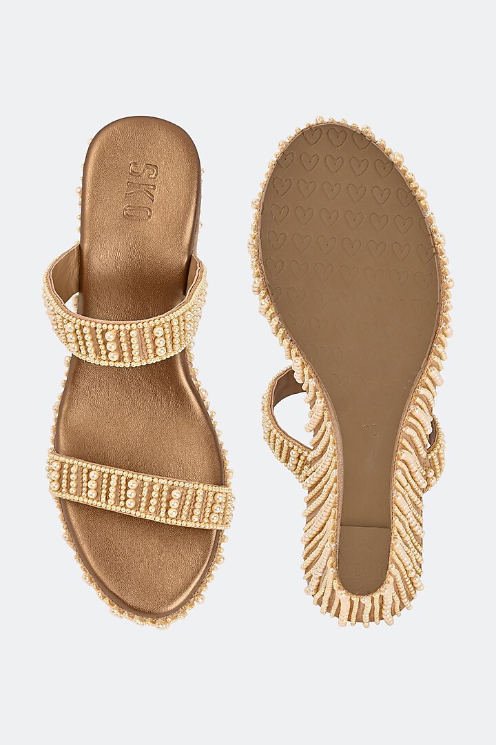 Beige Leather Pearl Hand Embroidered Heels by SKO at Pernia's Pop Up Shop