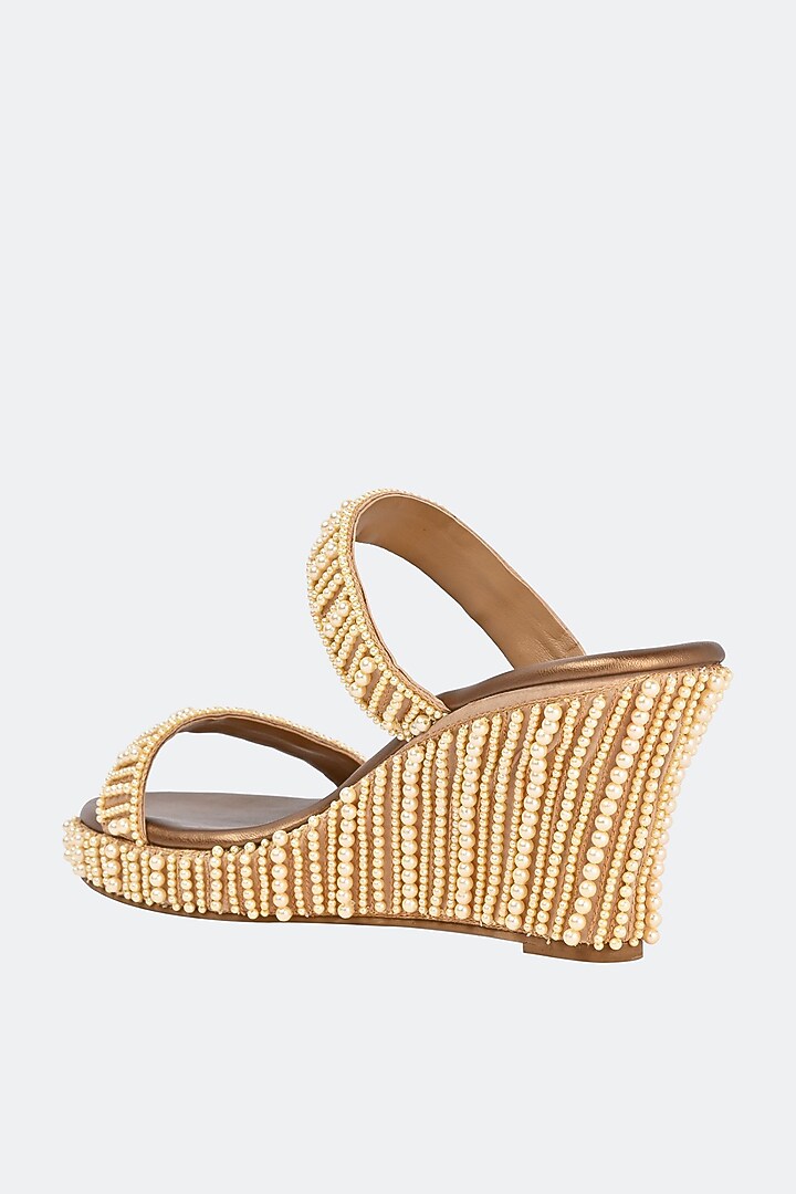 Beige Leather Pearl Hand Embroidered Heels by SKO at Pernia's Pop Up Shop