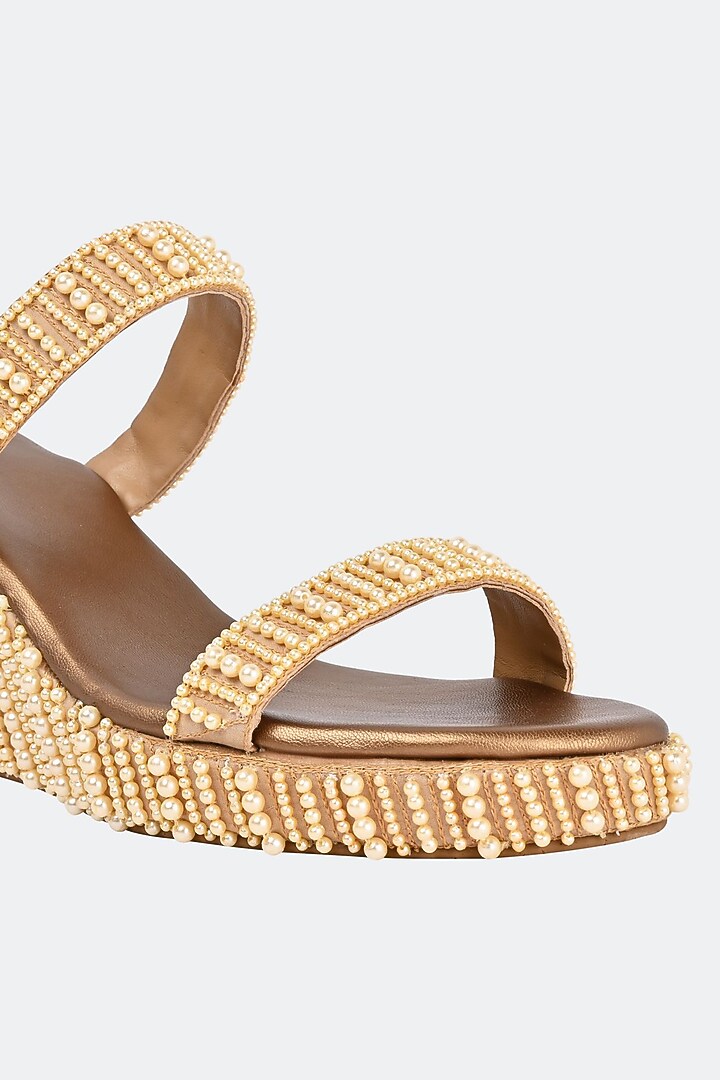 Beige Leather Pearl Hand Embroidered Heels by SKO at Pernia's Pop Up Shop